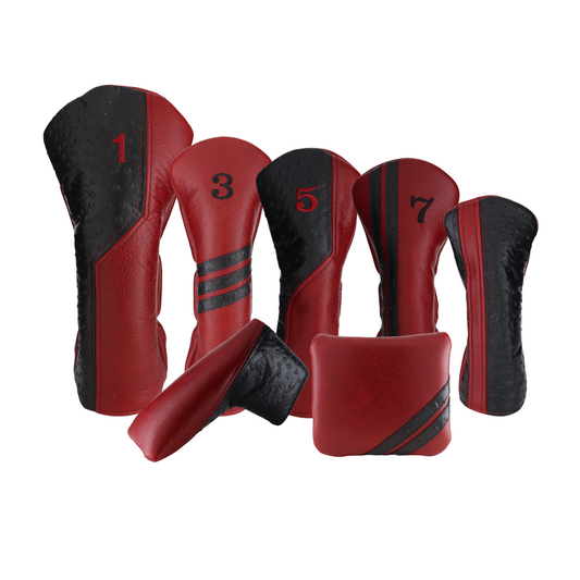 Black Ostrich with Pebbled Crimson Leather