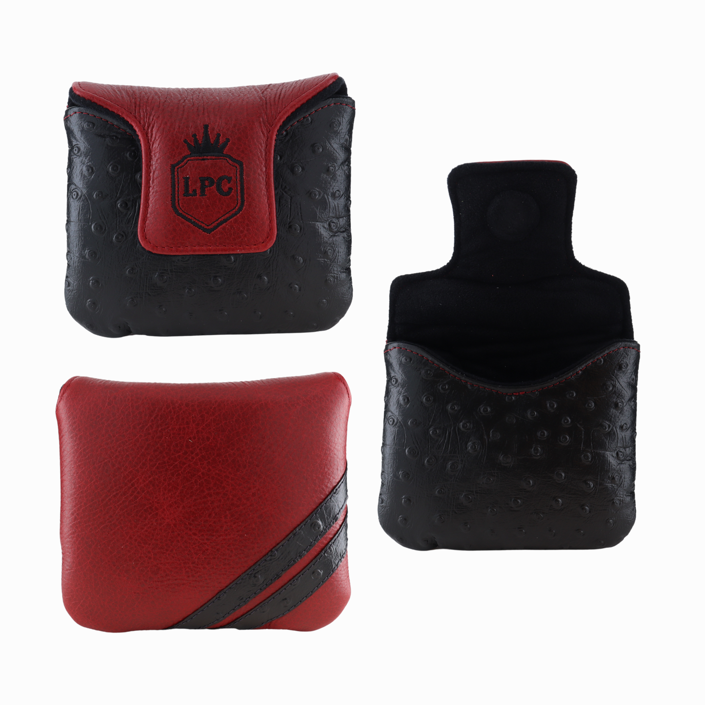 Black Ostrich with Pebbled Crimson Leather